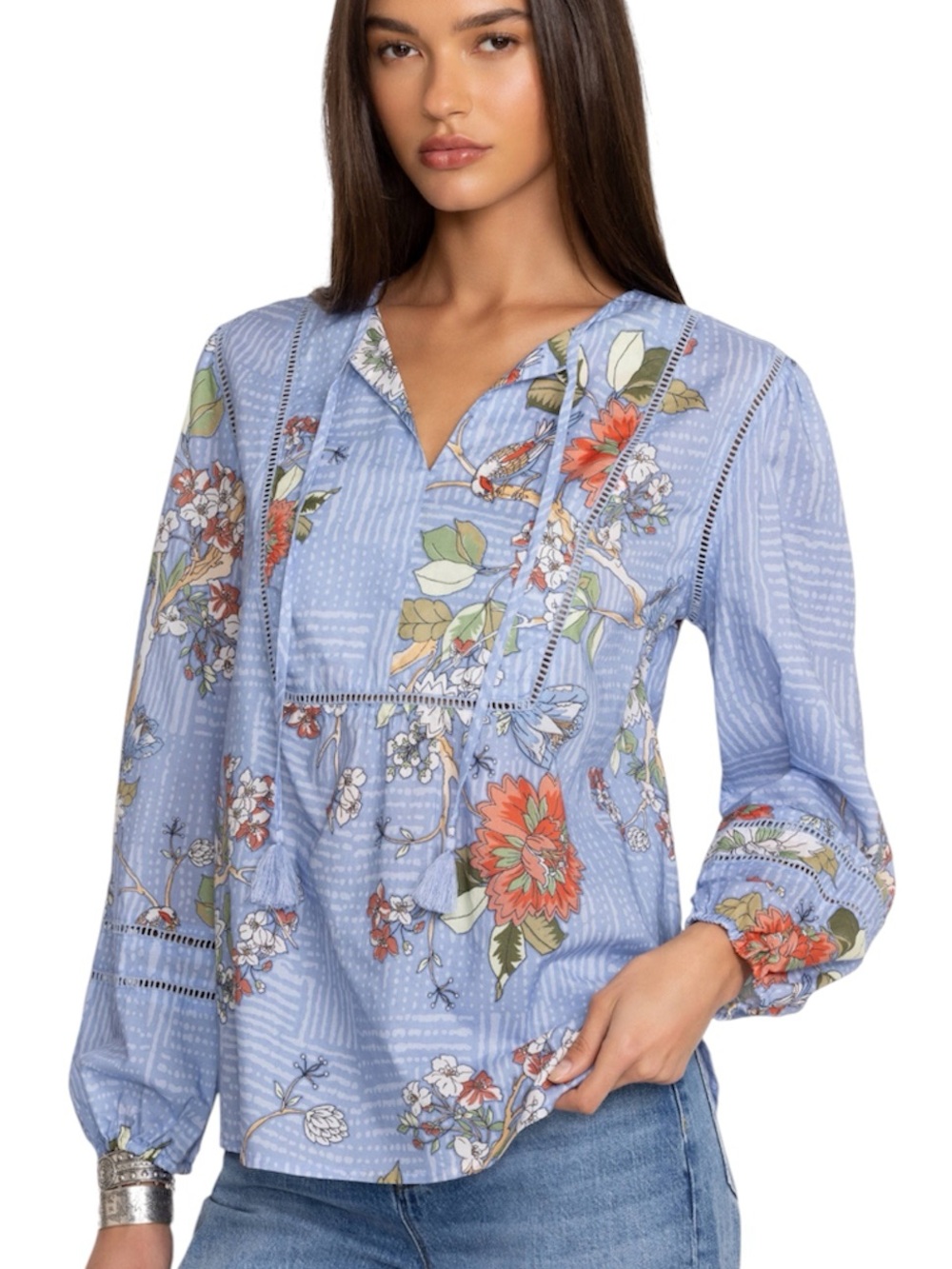 Johnny Was 100% Cotton Floral Mosaic Curved Hem Prairie Blouse Size Small Boho